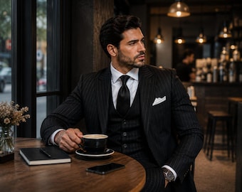 Men's Black Striped Suit, Striped Business Suit, Wedding Groom Outfit, Formal Blazer & Trousers, Classic Menswear, Luxury Suit for Men Wear