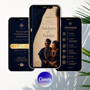 May include: Three smartphone screens displaying a 50th anniversary invitation design. The center screen shows a couple in traditional attire with the text Adebayo & Folake. The left screen features gold text A&F, and the right screen lists a program schedule.
