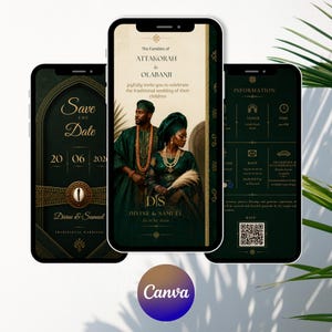 May include: Three smartphones displaying a digital wedding invitation suite in dark green and gold. The screens show a Save the Date, a portrait of a couple in traditional attire, and event information with a QR code and the text Divine & Samuel.