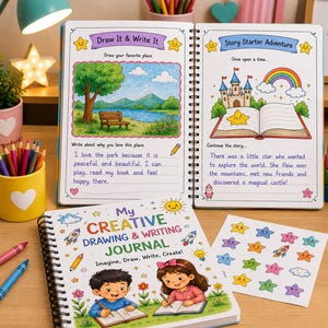 May include: A spiral-bound creative drawing and writing journal with a colorful cover featuring two children writing. The open pages display prompts titled Draw It & Write It and Story Starter Adventure with illustrations of a park and a castle.