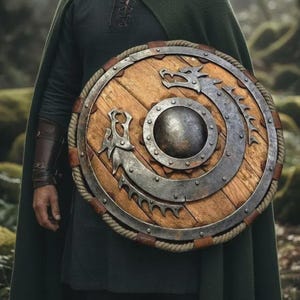May include: A round wooden shield featuring a central metal boss and a curved metal dragon emblem, held by a person wearing a dark green hooded cloak over a black tunic with leather arm guards. The shield has a rope-wrapped outer rim.