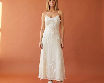 Jurk bruiloftsgast beige halter maxi | A-lijn zomerjurk met hoge taille en 3D bloemen | Mouwloze elegante vakantiejurk