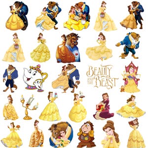 May include: A collection of Beauty and the Beast character illustrations featuring Belle in a yellow gown, the Beast in a blue coat, Mrs. Potts, Chip, Lumiere, and Cogsworth. The text Beauty and the Beast is displayed in gold script lettering.