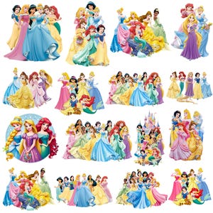 May include: A collection of digital illustrations featuring various Disney princesses in their iconic colorful gowns, including Cinderella, Belle, Ariel, Rapunzel, Snow White, Jasmine, Aurora, Tiana, Pocahontas, Mulan, and Merida arranged in multiple group poses.