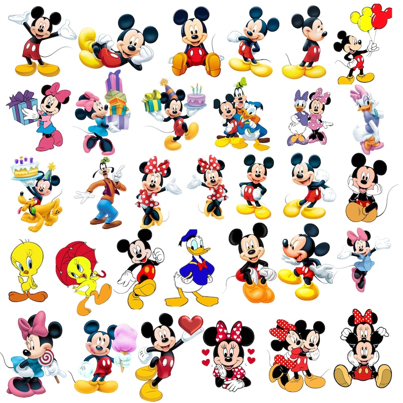 May include: A collection of colorful cartoon character illustrations featuring Mickey Mouse, Minnie Mouse, Donald Duck, Daisy Duck, Goofy, Pluto, and Tweety Bird in various poses, holding items like balloons, gifts, cakes, and candy on a white background.