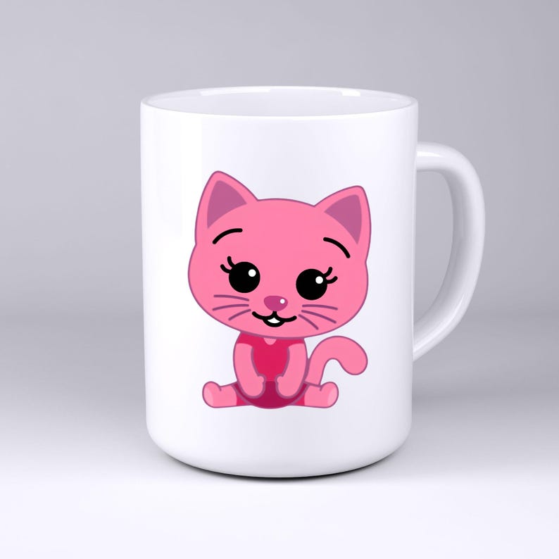 May include: A white ceramic mug featuring a cartoon illustration of a pink cat sitting down. The cat has large black eyes, long eyelashes, a small pink nose, and a dark pink chest patch. The mug has a smooth finish and a curved handle on the right side.