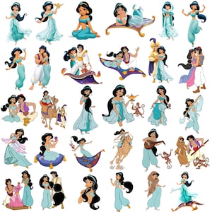 Puede incluir: Una colección de ilustraciones digitales que muestran al personaje Jasmine de Aladdin en varias poses, atuendos e interacciones con Aladdin, Abu y la alfombra mágica. El personaje tiene el cabello negro largo y viste ropa de color turquesa.