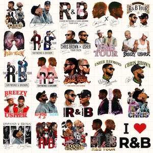 May include: A collection of graphic designs featuring portraits of Chris Brown and Usher, including text such as R&B Tour, Raymond & Brown, Breezy, and signatures. The images display various artistic styles, including photographic and illustrated portraits.