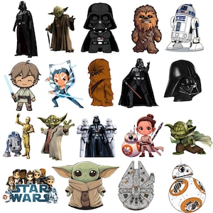 Może przedstawiać: Kolekcja naklejek z postaciami z Gwiezdnych Wojen, w tym Darth Vader, Yoda, Chewbacca, R2-D2, Luke Skywalker, Ahsoka Tano, C-3PO, Rey, BB-8 oraz Sokół Millennium. Zestaw zawiera różne style artystyczne, od realistycznych postaci po ilustracje w stylu chibi.