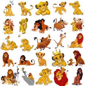 May include: A collection of digital illustrations featuring various lions and characters from The Lion King, including Simba as a cub and adult, Mufasa, Scar, Timon, Pumbaa, and Rafiki in various poses, expressions, and interactions on a white background.