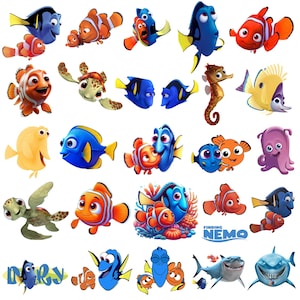 May include: A collection of colourful cartoon sea creatures including orange clownfish, blue tang fish, green sea turtles, a seahorse, a purple octopus, and a grey shark. The image features the text Finding Nemo and Dory in stylised blue lettering.
