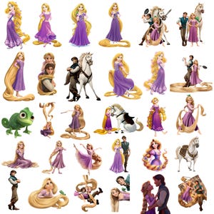 May include: A collection of digital illustrations featuring the characters Rapunzel and Flynn Rider, a white horse, and a green chameleon. The images depict Rapunzel with long blonde hair in a purple dress, various poses with Flynn, and the chameleon.