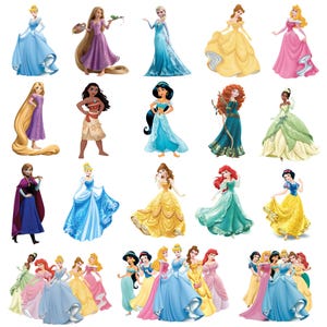 May include: A collection of Disney princess illustrations featuring various characters in their signature gowns, including Cinderella, Rapunzel, Elsa, Belle, Aurora, Moana, Jasmine, Merida, Tiana, Anna, Ariel, and Snow White, displayed in individual and group poses.
