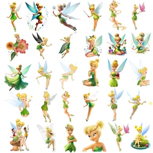 May include: A collection of thirty individual illustrations of a blonde fairy character wearing a green dress and translucent wings in various poses, including flying, sitting, and interacting with flowers, butterflies, and small magical objects.