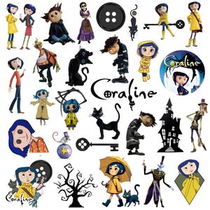 May include: A collection of Coraline character stickers featuring Coraline Jones in a yellow raincoat, the black cat, the button key, the Other Mother, and various silhouettes including a house and tree, with the Coraline logo text included.