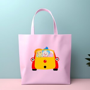 May include: A light pink tote bag featuring a centered graphic of a yellow and red cartoon car. The car has a blue-haired character in the driver seat, accompanied by several other colorful cartoon figures visible through the windshield.
