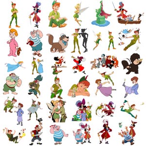 May include: A collection of Peter Pan character illustrations featuring Peter Pan, Tinker Bell, Captain Hook, Wendy, John, Michael, the Lost Boys, Mr. Smee, Nana the dog, and the crocodile, depicted in various poses, outfits, and action scenes.