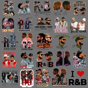 May include: A digital collection of graphic designs featuring portraits of Usher and Chris Brown, including tour logos, concert photography, stylized text like R&B Tour, Raymond & Brown, and Breezy, along with artist signatures on a gray background.