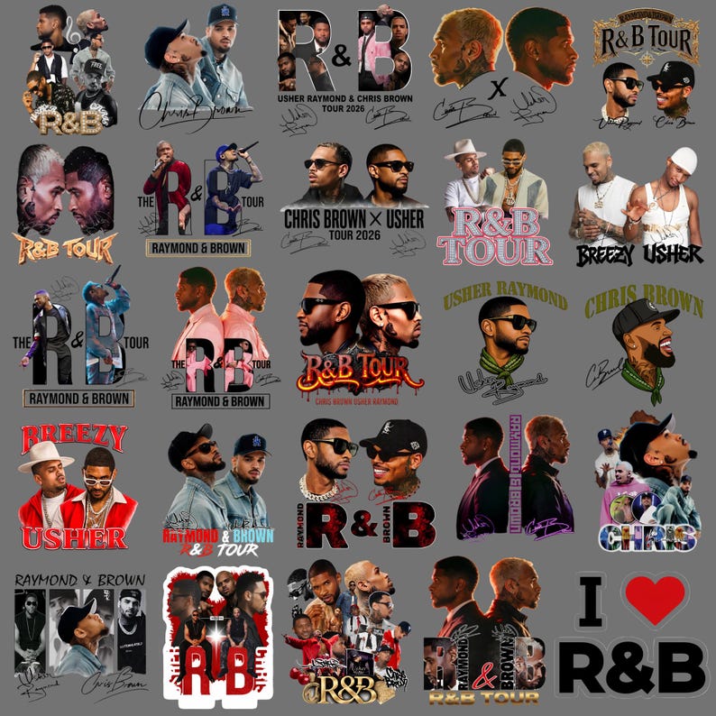 May include: A digital collection of graphic designs featuring portraits of Usher and Chris Brown, including tour logos, concert photography, stylized text like R&B Tour, Raymond & Brown, and Breezy, along with artist signatures on a gray background.