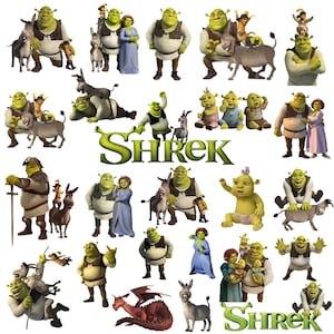 Puede incluir: Una colección de personajes de Shrek que incluye a Shrek, Fiona, Burro, el Gato con Botas y el Dragón, en varias poses y grupos. La palabra SHREK aparece en letras verdes grandes y estilizadas en el centro y la parte inferior.