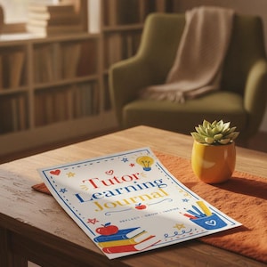 Op de afbeelding: Een wit rechthoekig dagboek met de tekst Tutor Learning Journal in blauw en geel. De kaft bevat illustraties van een gloeilamp, een rode appel, een stapel boeken en een blauwe pennenhouder met potloden en een liniaal, plus kleine sterren.