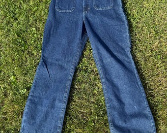 Deadstock - Jean évasé Riders des années 90 avec bordure florale en denim pierre foncé (taille 14/moderne 8-10)