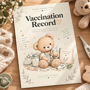 Può includere: Un libretto di vaccinazione color crema con un'illustrazione di un orsacchiotto, una siringa, un flacone di vaccino, un termometro e un ciuccio. Il testo recita Vaccination Record, Track vaccines. Keep dates. Protect their tomorrow, e Small steps. Big health.