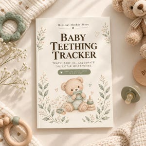 Può includere: Un libro rettangolare intitolato Baby Teething Tracker con una copertina color crema che presenta l'illustrazione di un orsacchiotto marrone, bordi floreali e il testo Track. Soothe. Celebrate the little milestones. Because every tooth is a big step.