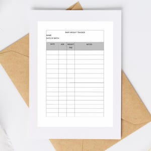 Può includere: Un foglio di carta bianco con una tabella stampata per il monitoraggio del peso del bambino, che include campi per nome, data di nascita, data, età, peso in kg e note, posizionato sopra una busta di carta kraft marrone.