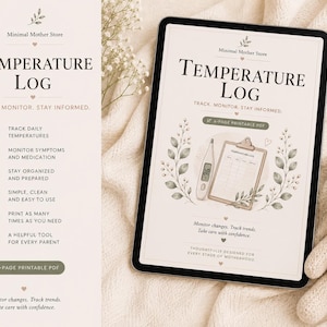 Op de afbeelding: Een digitale tablet met een afdrukbaar PDF-temperatuurlogboek. Het document bevat de tekst 'Minimal Mother Store', 'Temperature Log' en 'Track, monitor, stay informed', met illustraties van een digitale thermometer en een klembord.