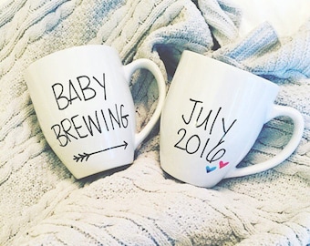 Baby brewing mugs, prenancy announcement, baby announcement mug, parents to be mug, mug for new parents, mugs to share pregnancy