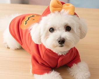 Pumpkin Dog Costume, Red Pet Hoodie, Small Outfit, Halloween Kitten Dress Up