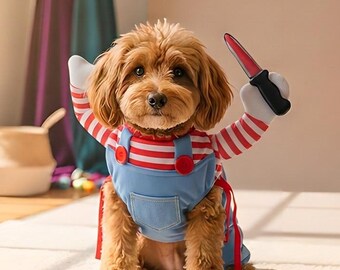 Dog Halloween Costume | Killer Pet Outfit | Funny Striped Overalls | Photo Prop