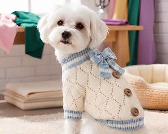 Knit Dog Sweater, Blue White Pet Clothes, Bow Detail Puppy Outfit