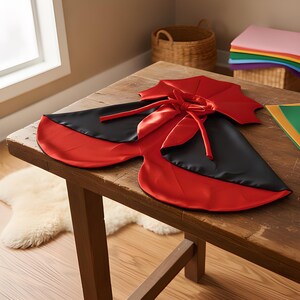 May include: A reversible cape featuring a smooth, satin-like finish with one side in vibrant red and the other in solid black. The garment includes a matching fabric tie closure at the neck and a wide, flared hemline that drapes across the surface.