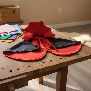 May include: A reversible cape featuring a vibrant red side and a solid black side, complete with a structured, high-standing red collar and matching red fabric ties for closure, laid flat to display the contrasting colors and smooth texture.