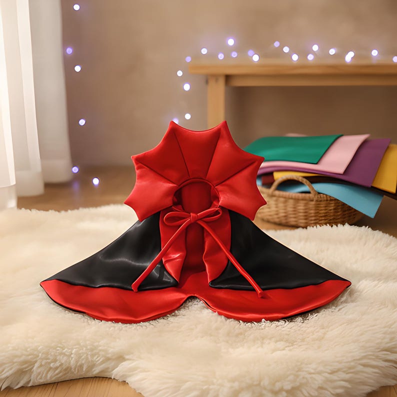 May include: A red and black cape featuring a high, structured collar with a pointed, fan-like design. The garment has a smooth, satin-like finish and includes a matching red tie closure at the front, creating a distinct, layered appearance.