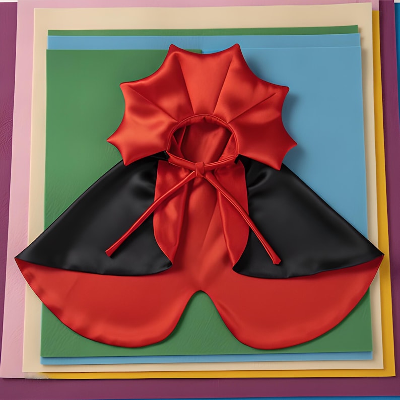 May include: A reversible cape featuring a vibrant red satin side and a solid black satin side. The garment includes a high, star-shaped collar and long fabric ties at the neck for closure. The design is symmetrical with a smooth, glossy finish.