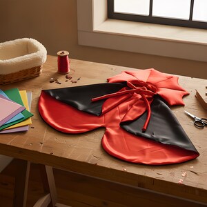 May include: A reversible cape featuring a vibrant red satin side and a smooth black satin side. The garment includes a structured, pleated red collar and matching red fabric ties at the neck for closure, laid flat on a wooden surface.