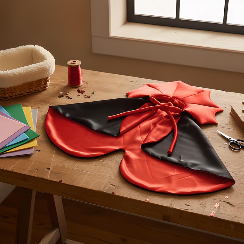 May include: A reversible cape featuring a vibrant red satin side and a smooth black satin side. The garment includes a structured, pleated red collar and matching red fabric ties at the neck for closure, laid flat on a wooden surface.