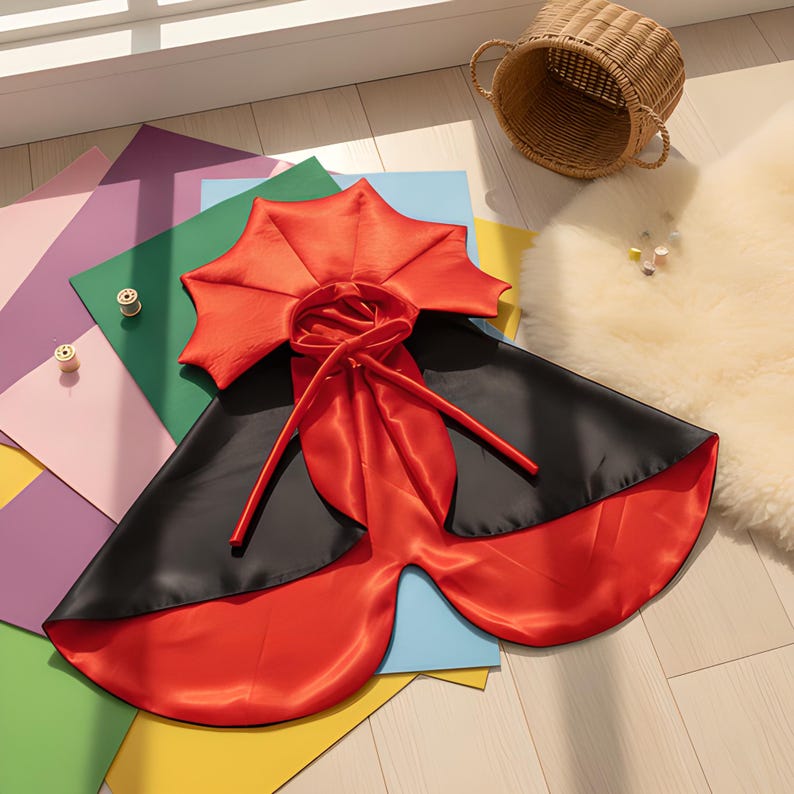 May include: A reversible cape featuring a vibrant red satin side and a smooth black satin side. The garment includes a structured, pleated red collar and long red fabric ties at the neck for closure. The design is flared with a scalloped hemline.