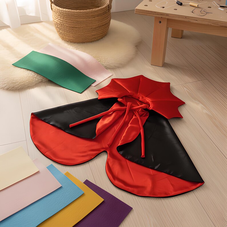 May include: A reversible cape featuring a vibrant red side and a solid black side, complete with a structured, scalloped collar and long fabric ties for closure. The garment is laid flat, accompanied by several rectangular sheets of colored material.