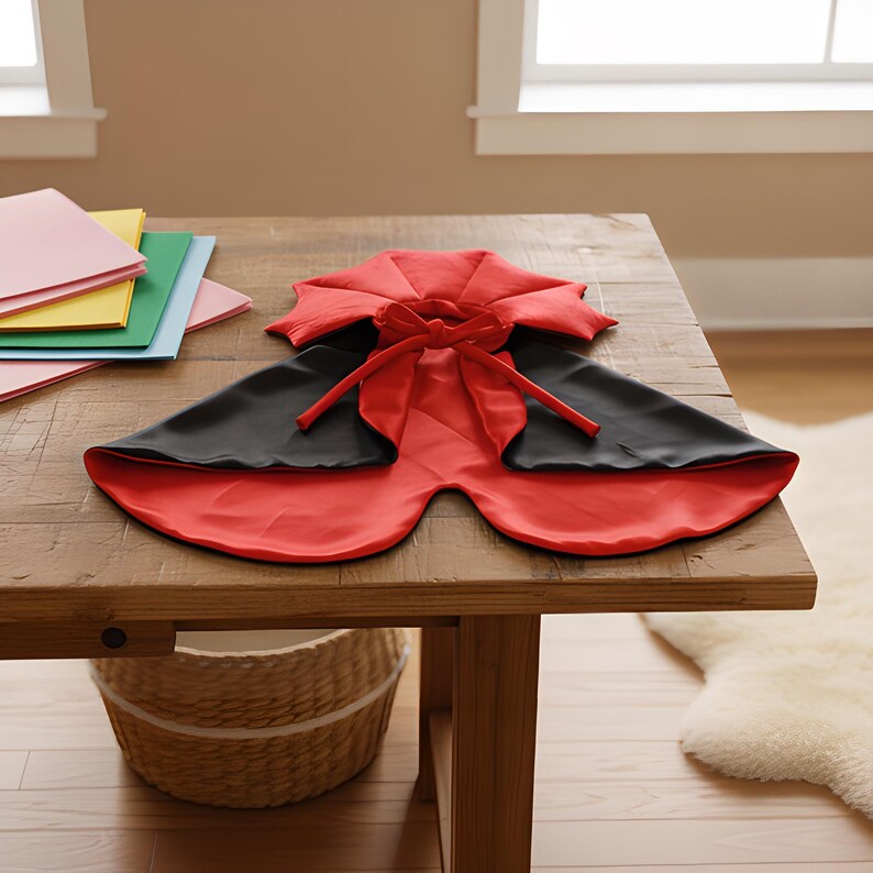 May include: A reversible cape featuring a vibrant red side and a solid black side. The garment has a high, structured collar with a tie closure at the front, designed to be worn around the neck with the fabric draping down over the shoulders.