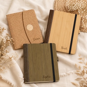 Personalized Wooden Journal, Engraved A5 Notebook, Cork Envelope Cover, Lined Planner Gift