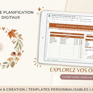 May include: A white tablet displaying a digital wedding planner spreadsheet with burnt orange headers. To the left, a circular floral wreath illustration features autumn leaves and the letter N. Text includes PLATEFORME DE PLANIFICATION & OUTILS DIGITAUX.