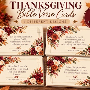 May include: A set of four rectangular Thanksgiving Bible Verse Cards featuring floral arrangements of red, orange, and cream flowers with autumn leaves. Each card displays a unique scripture verse and a thin gold border design.