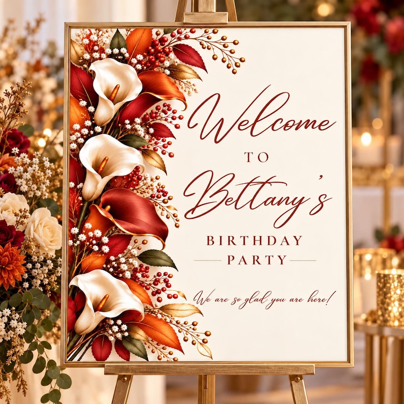Fall Birthday Welcome Sign, Autumn Calla Lily Birthday Party Sign ...