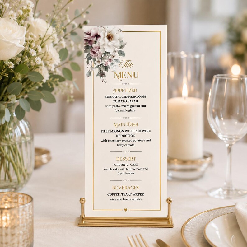 Editable Wedding Menu Template Soft Luxury Floral Menu 4x9 Canva ...