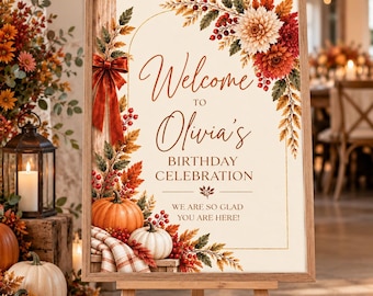 Plantilla editable de cartel de bienvenida de otoño, cartel de bienvenida para fiesta de cumpleaños de otoño, cartel de lona floral con calabazas, cartel imprimible de 16x20 y 18x24 T2