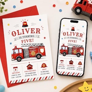 Könnte beinhalten: Eine Geburtstagseinladungskarte und ein Smartphone-Bildschirm mit einem Feuerwehrauto-Motiv. Der Text lautet Oliver is turning five, Saturday June 22, 2027, 2:00-4:00 PM, Fire Station 5, 123 Alarm Way, Austin, TX, 78701, RSVP to Melissa 123-456-7890.